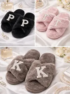 Taniri Women's Custom Initial Print Plush Faux Fur Slide-On Slippers - Open Toe Bridal Slide Shoes with Rubber Sole, Wedding Day Morning Footwear, Personalized Bridesmaid Gift