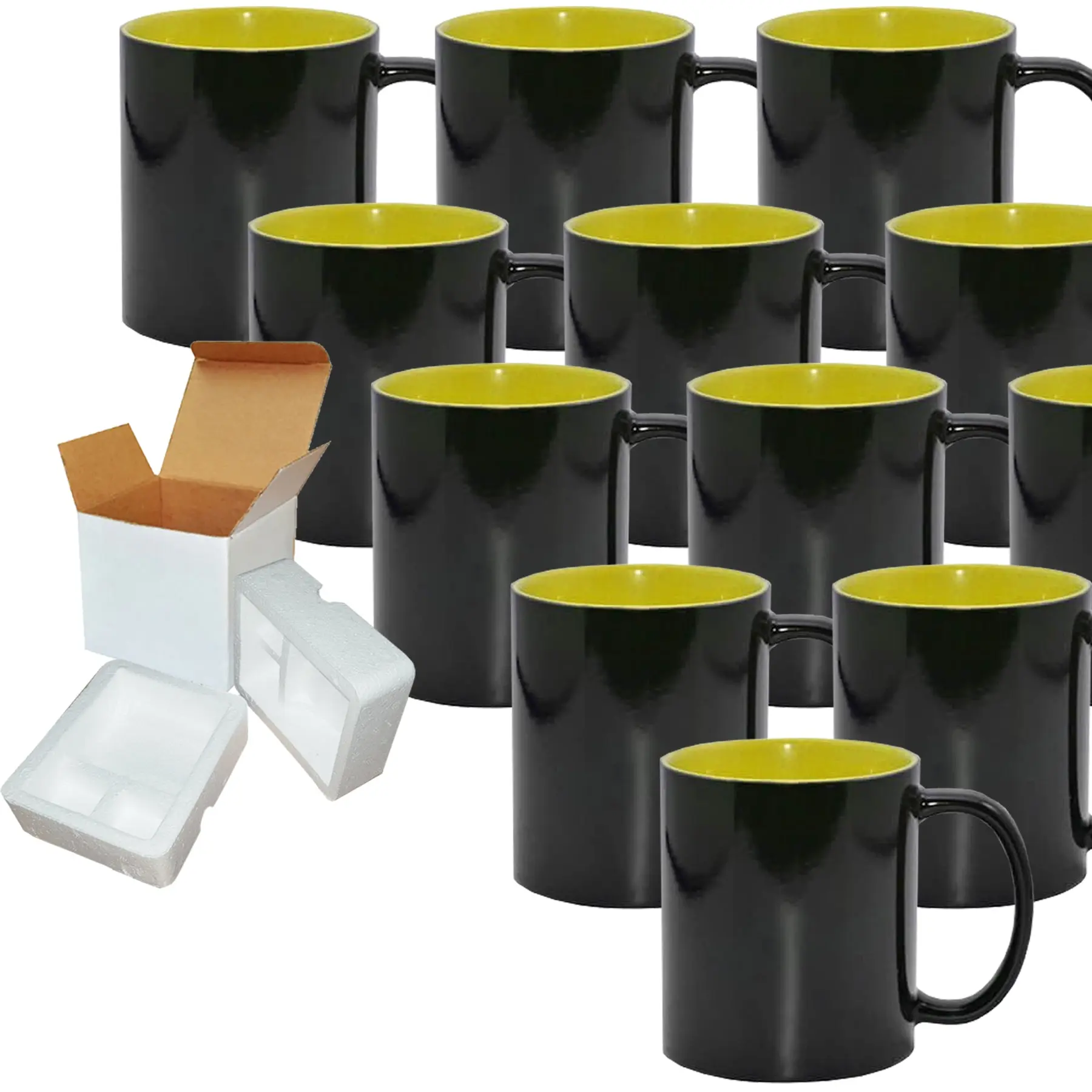 12 Pack of 11oz Yellow Inner Color Changing Sublimation Mugs - Includes Foam Support Mug Shipping Boxes