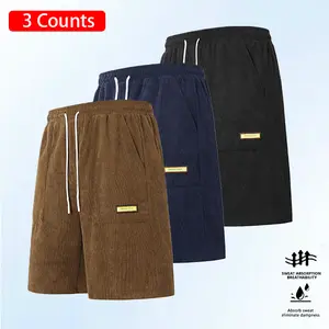 Men's 3-piece corduroy summer casual shorts - drawstring waist, sweat-absorbing and breathable, label detail decoration, a must for daily casual wear