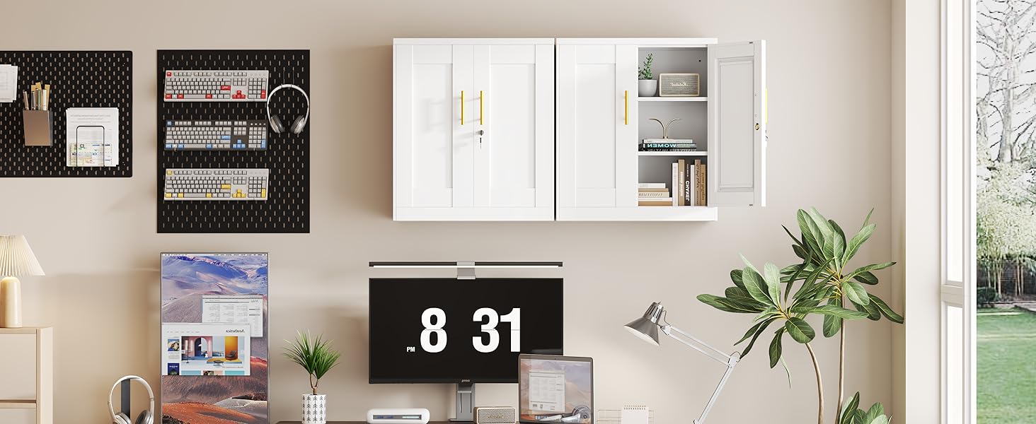 White Metal Wall Mounted Bathroom Cabinet – 2 Doors & Adjustable Shelves, Moisture-Resistant Storage for Over Toilet or Kitchen, Small Space LED Lighted Charging Dresser