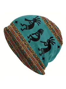 Men's Kokopelli Tribal Zia Symbol Beanie Hat - Southwestern Native American Inspired Design, Teal & Multicolor Geometric Patterns, Casual Winter Skull Cap for Outdoor Activities, Cultural Event Accessory, Quality Craftsmanship