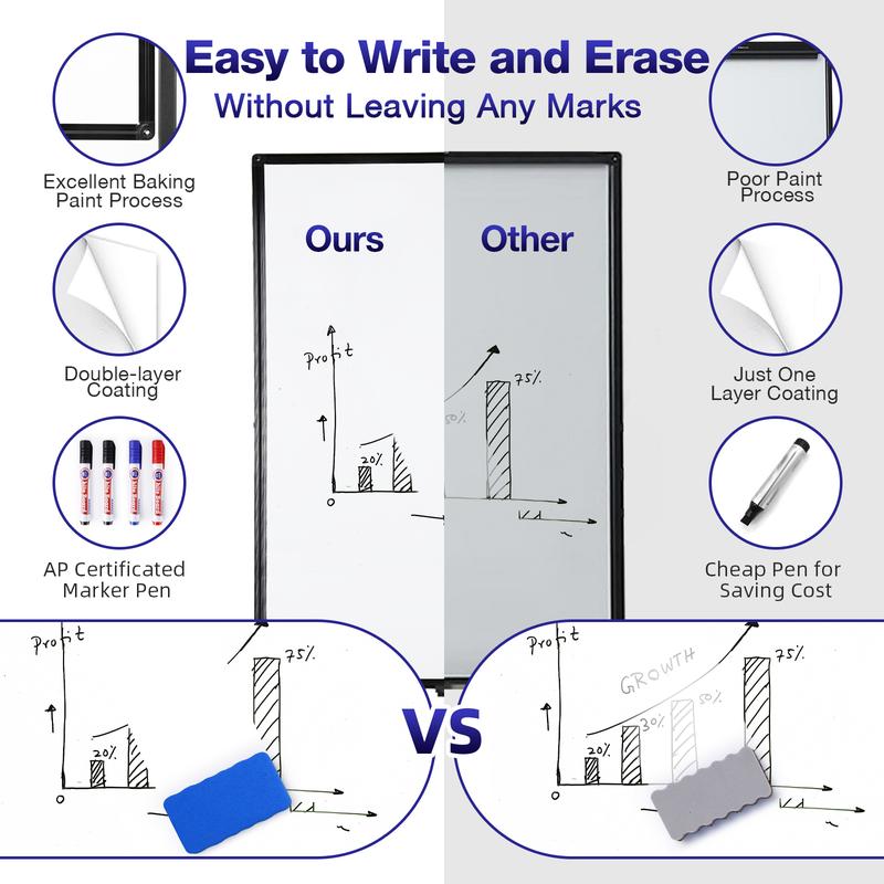 VOWNER Rolling Whiteboard, 40x24 inches Double-sided Magnetic Dry Erase Board on Wheels, with Aluminum Frame, Portable Presentation Board with Iron Stand for Office, Home, School, Black Classroom Supplies