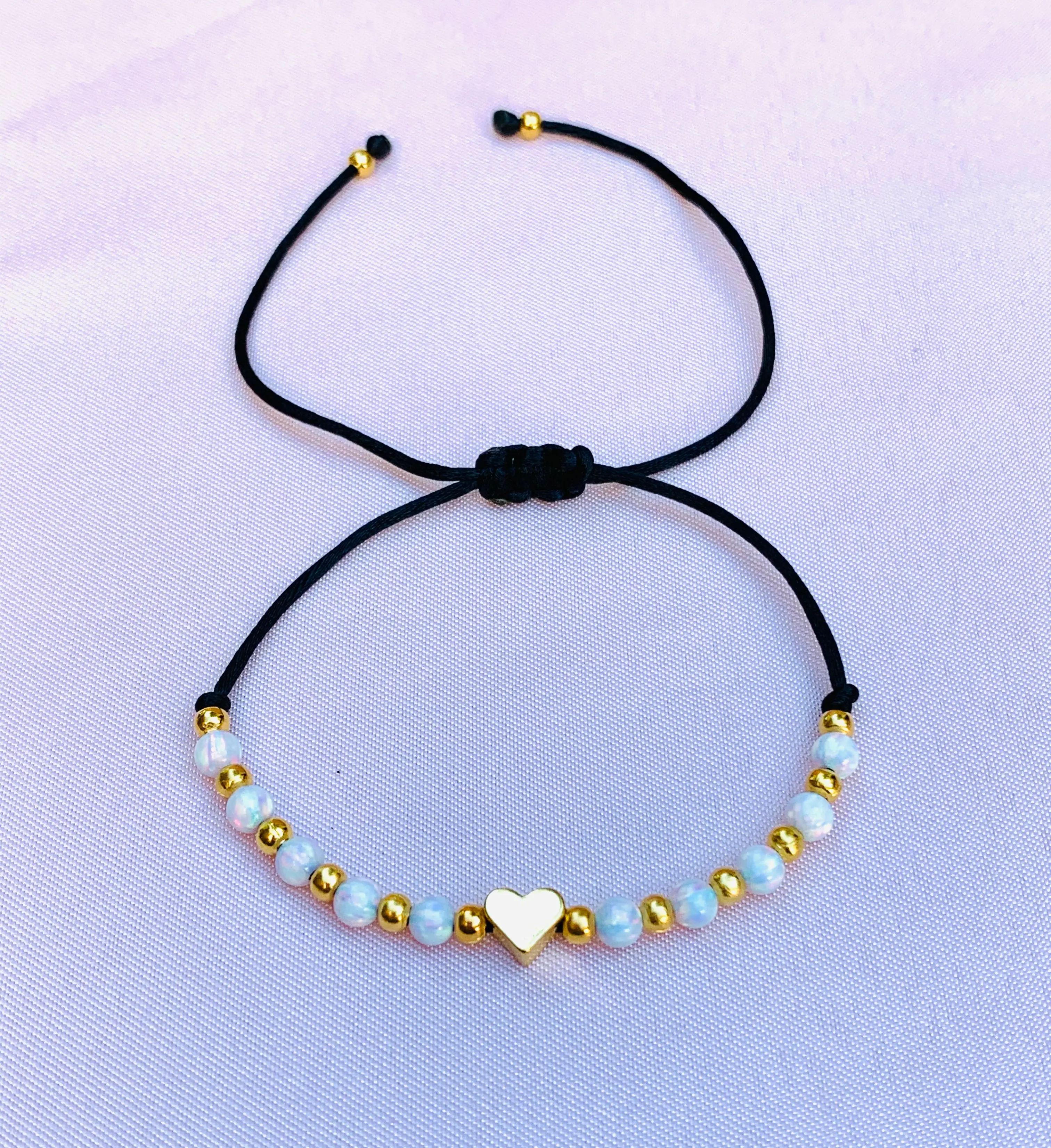 Black Opal Heart Costume Bracelet - Genuine Opal, Heart Motif, High-Quality Yarn, Handmade Adjustable, Handcrafted Look, Feeling Unique, for Casual Wear
