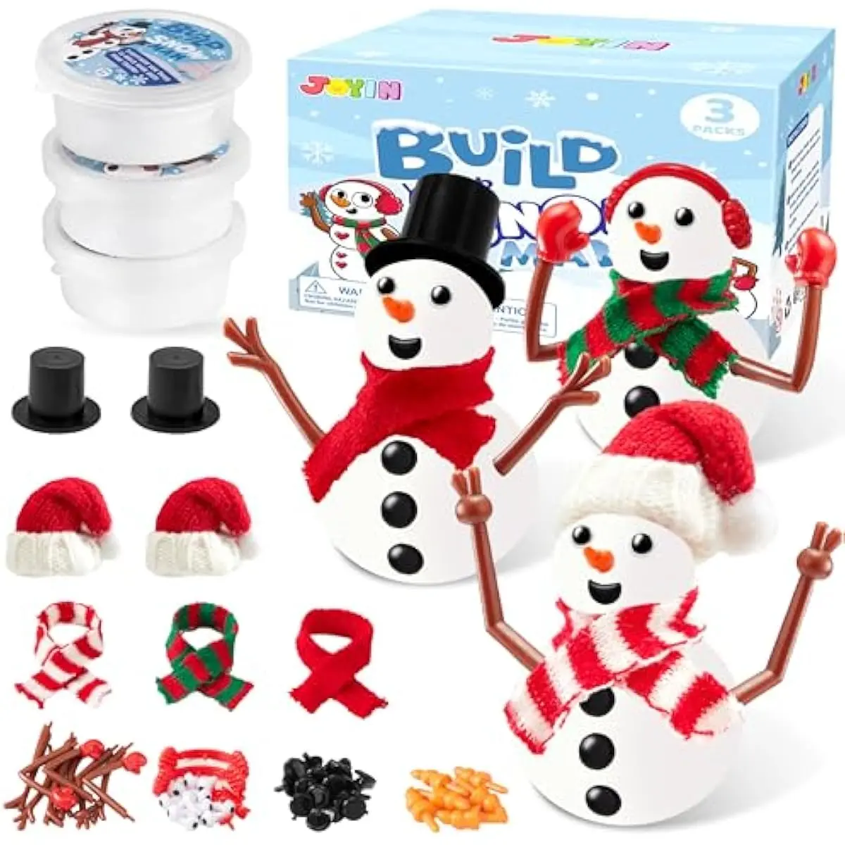 JOYIN Christmas Build a Snowman Craft Kit, 3 Pack Modeling Clay DIY Make a Snowman Kit for Christmas Arts and Craft Activities, Xmas Gift Stocking Stuffers for Kids, School Funny Toy Party Favor