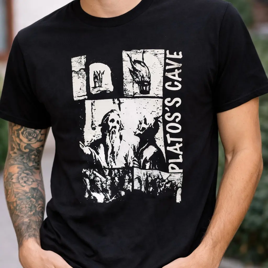 Plato's Cave  T-shirt Design, philosophy, spirituality graphic T-shirt Cotton Menswear