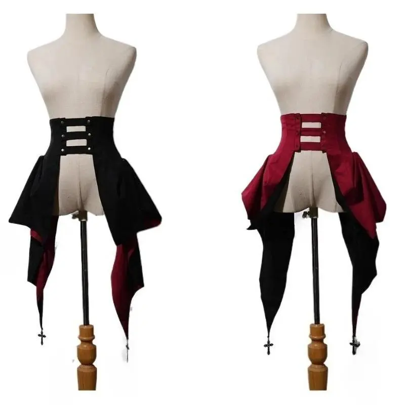 Women's Medieval Drawstring Ruffle Irregular Steampunk Corset with Vintage Lace-Up, Lady Gothic Pirate Party Outfit with Black Bustle Skirt
