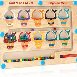Montessori Wooden Magnetic Color & Number Maze, Ice Cream Sorting Board for Toddlers 3-5, Fine Motor Skills & Counting Travel Toy, Wooden Magnetic Puzzle