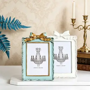 White Picture Frame, Ornate Bowknot Resin Photo Frame, Antique Textured Handcrafted Victorian Frame, Retro Gold Accent Decorative Frame for Gallery Wall, Home & Wedding Decor