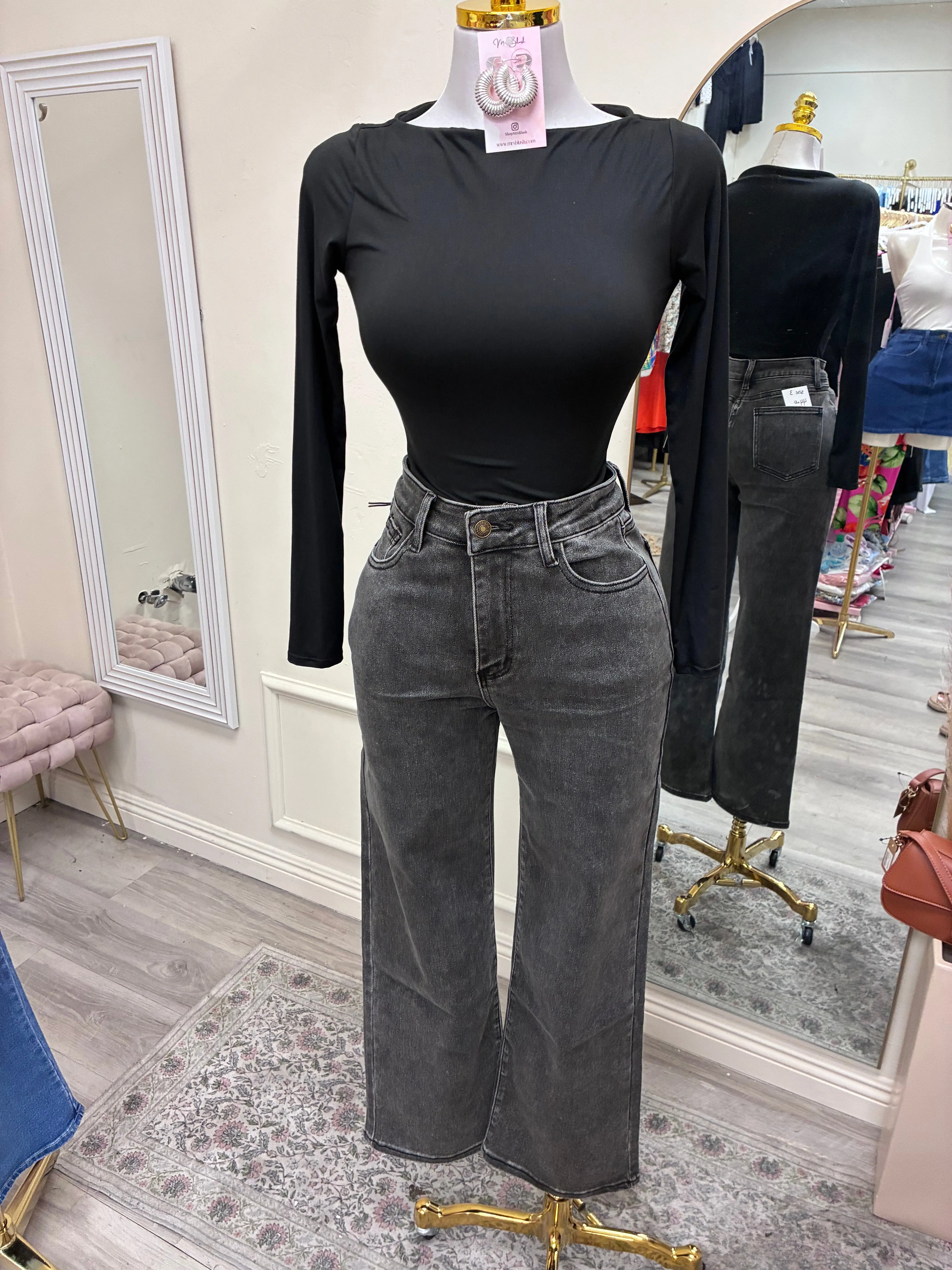 Women's High-Waist Charcoal Denim Jeans, Smooth Wide-Leg Bottom for Daily Wear