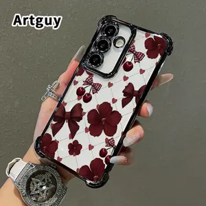 Phone Case Compatible with Samsung Galaxy S23 Ultra S24 Plus S25 S22+ FE Edge Cherry Bow Floral Pattern Transparent Lens Protection Durable Soft Silicone Cover Gift