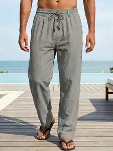 Men's Casual Linen Long Pants, Breathable Loose Fit, Button Design, Golf & Polo Wear, Indoor & Outdoor Sports, All Seasons, Casual Sporty Trousers