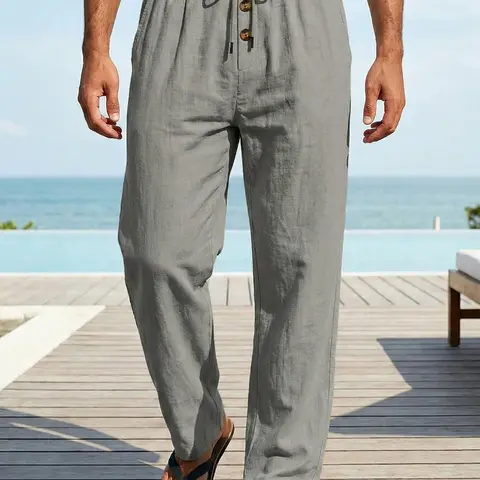 Men's Casual Linen Long Pants, Breathable Loose Fit, Button Design, Golf & Polo Wear, Indoor & Outdoor Sports, All Seasons, Casual Lounge Pants, Casual Sporty Trousers, Casual Bottom, Casual Comfy Trouser