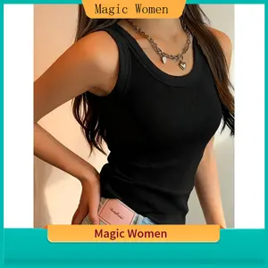 Magic Women Women's Elegant Casual Ribbed Polyester Vest - Sleeveless Round Neck Summer Top, Solid Color, Versatile Style for Daily & Formal Occasions, Stretch Fabric, Comfortable Stretch Design