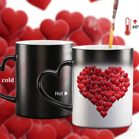 1pc Red Hearts Design Printed Magical Color Changing Mug Cup Coffee Mugs with Heart-Shaped Handle, Valentines Mug, 11oz Coffee Unique Heart Design, Perfect for Romantic Birthdays, Mother'S Day, Valentine'S Day, Drinkware
