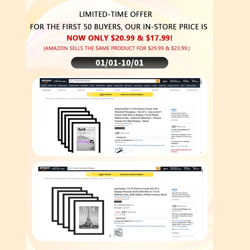 Valentine's Day Gift! 11x14 Picture Frame Set of 5, Perfect for Couples & Families, Display Pictures 8x10 with Mat or 11x14 Without Mat, Wall Gallery Photo Frames, Black Decor Plastic Light