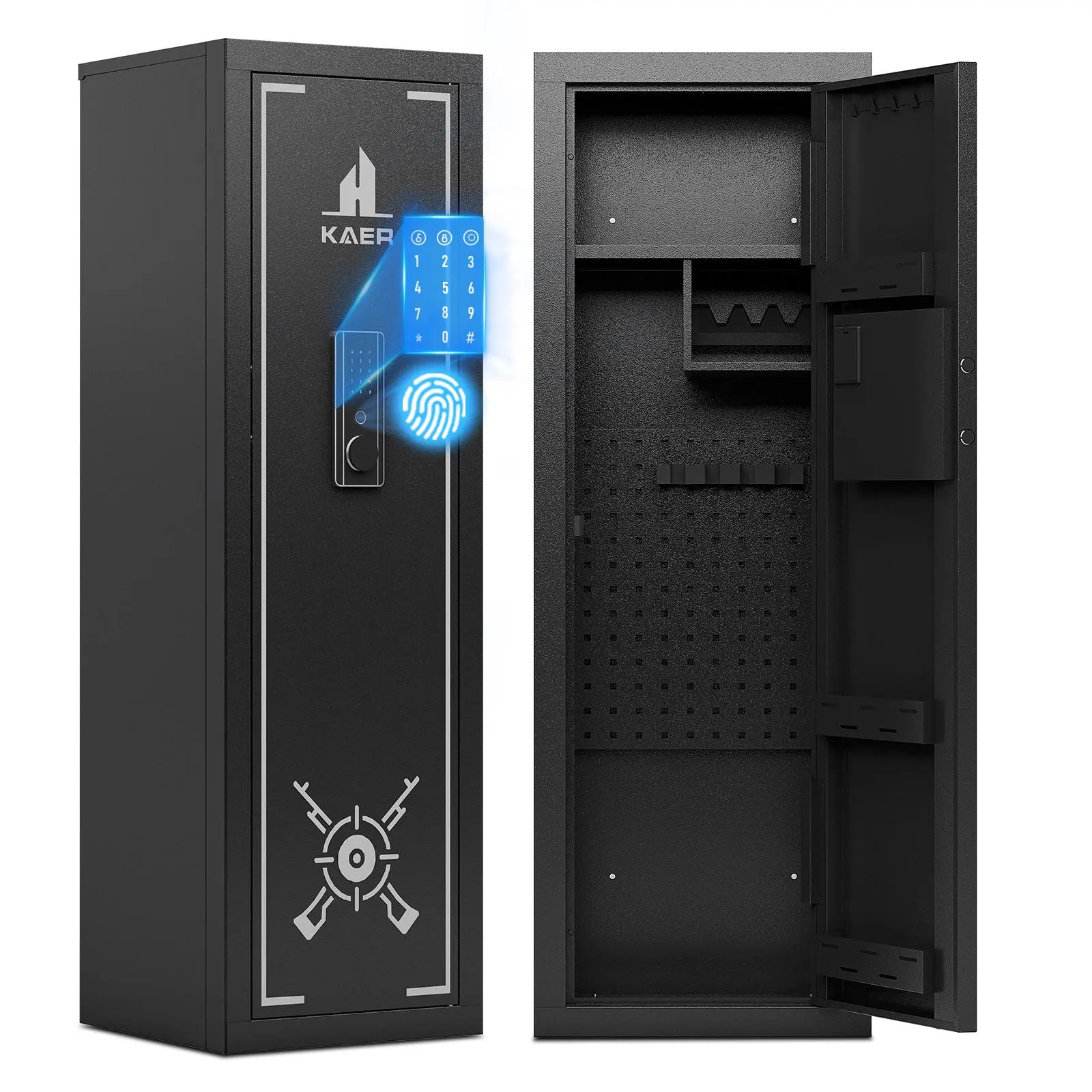 KAER 14-15 Gun Safe for Rifles & Pistols, Quick Access Biometric Fingerprint Lock, Large 57" Unassembled Rifle Safe with Adjustable Racks & Pistol Storage, Heavy Duty Home Defense & Child Safety Cabinet, Anti Theft Safes, Security Safe Box