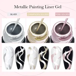 MEET ACROSS 3pcs Metallic Painting Liner Gel Set, Silvery Champagen Golden Rose Golden Nail Polish Long-Lasting Soak-Off UV/LED Gel for DIY Manicures Nail Design French Nails Built Thin Brush Nail Art Accessories