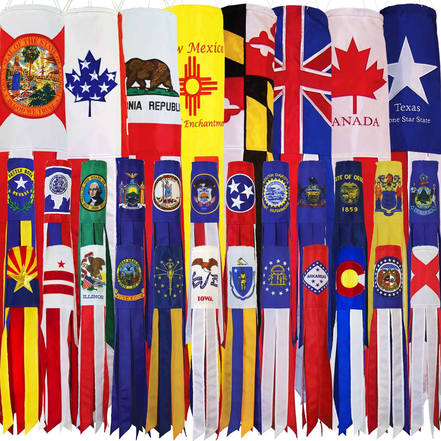 In the Breeze State Flag Windsock 18-inch or 40-inch Fade and Weather-Resistant Outdoor Décor for Yards, Gardens, Patios, Colorful Appliqué Design with 8 Streamer Tails Banners Hanging