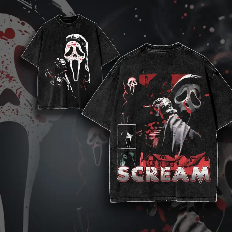 Ghostface Horror Halloween Acid Wash T-Shirt, Vintage 80s Slasher Graphic Tee, Dark Alternative Streetwear Top, Spooky Season Outfit for Horror Fans