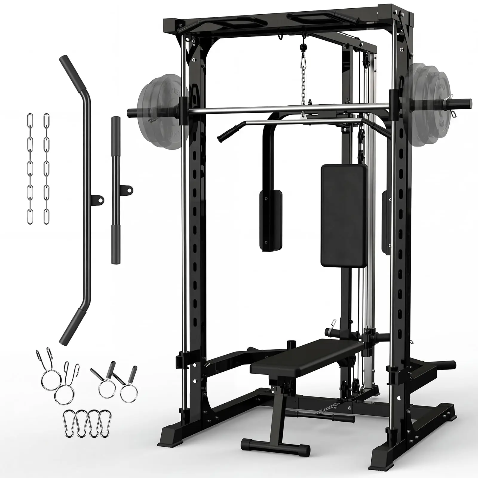 Garvee Smith Machine with Bench, Heavy Duty Power Cage Squat Rack with Smith Bar, LAT Pulldown System, Chest Station & More Training Attachment, Home Gym Equipment for Strengthen Training