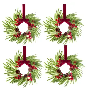 4 Pcs Mini Christmas Wreath 15" Xmas Kitchen Cabinet Decorations with Norfolk Pine Red Ribbon Pine Cones Small Decor Farmhouse Artificial Hanging Garlands for Front Door Window Chair Wall