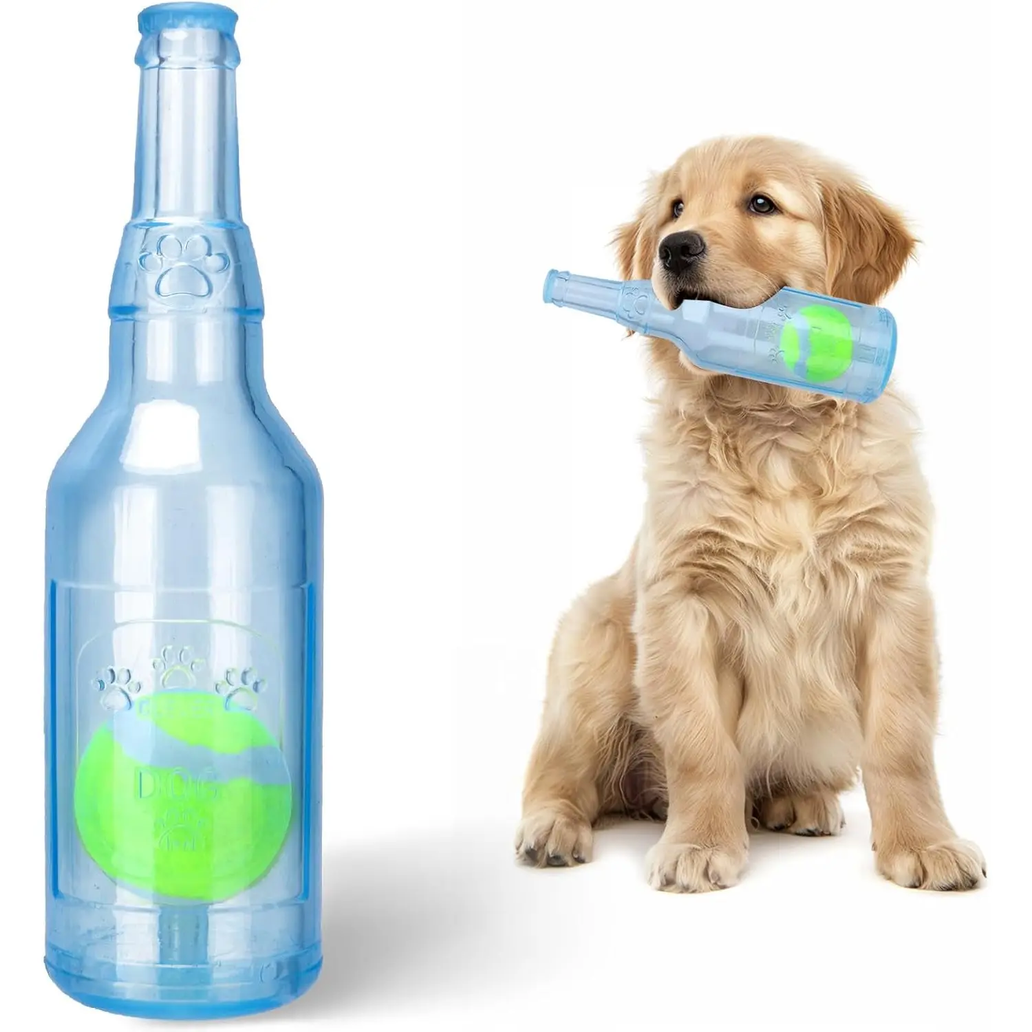Squeaky Chew Toy for Dogs, TPR Bottle with Tennis Ball inside (Blue, Small)
