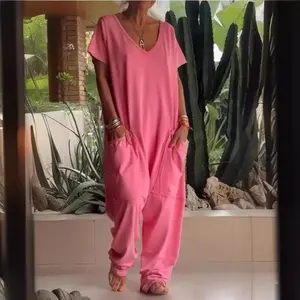 Baggy V-Neck Pocket Jumpsuit, Soft Lightweight Polyester Yellow Romper, Sports & Outdoor Beach Vacation Outfit for Spring-Summer