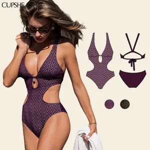 CUPSHE 2026 Monokini | Swimsuit Sculpting Cutout One-Piece Swimwear with Plunging Neck & Textured Chevron Print SpringStatements
