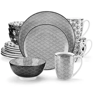 vancasso Haruka 16-Piece Japanese Style Ceramic Dinnerware Set | Black & White Porcelain Plates, Bowls, and Cups for 4 Tableware