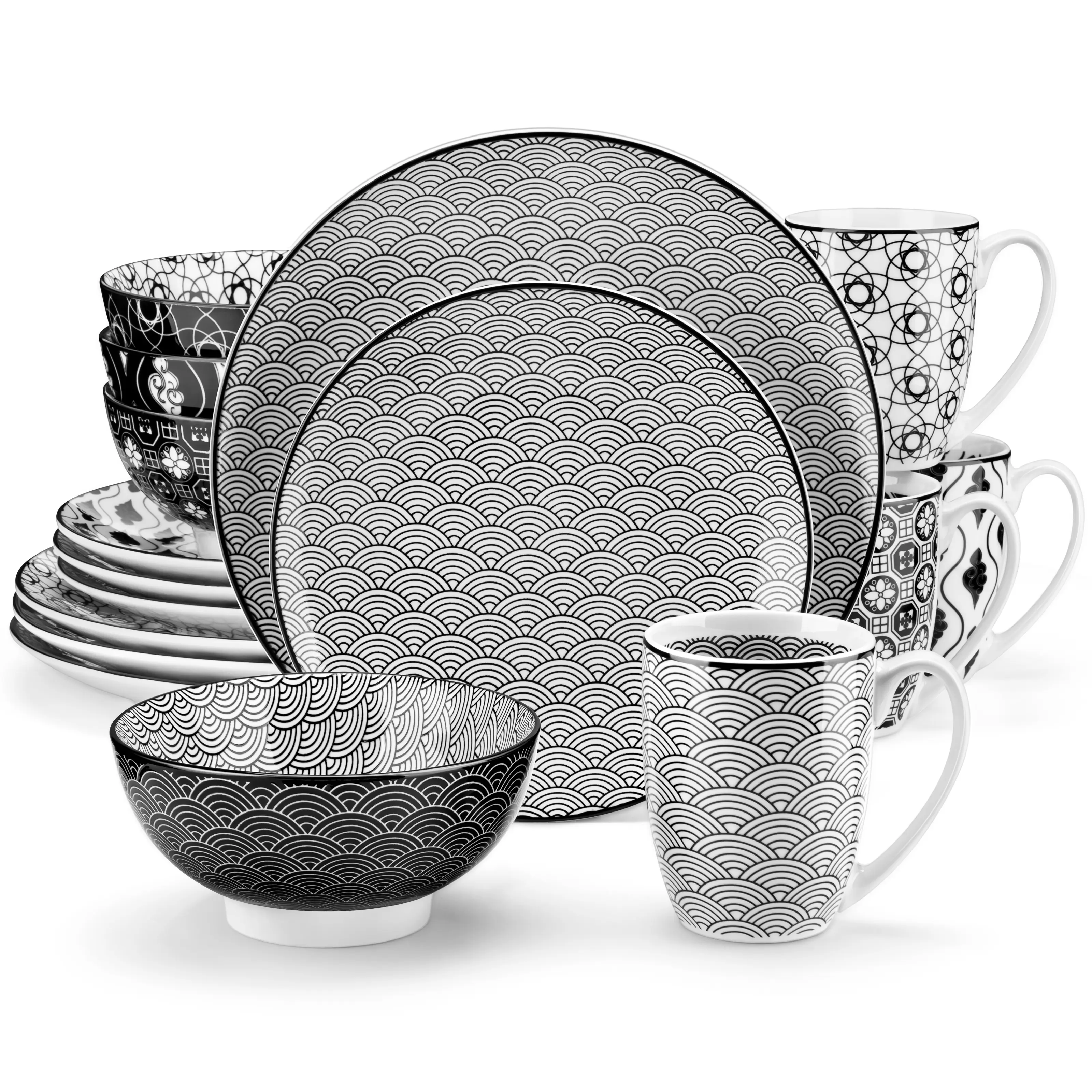 vancasso Haruka 16-Piece Japanese Style Ceramic Dinnerware Set | Black & White Porcelain Plates, Bowls, and Cups for 4 Tableware