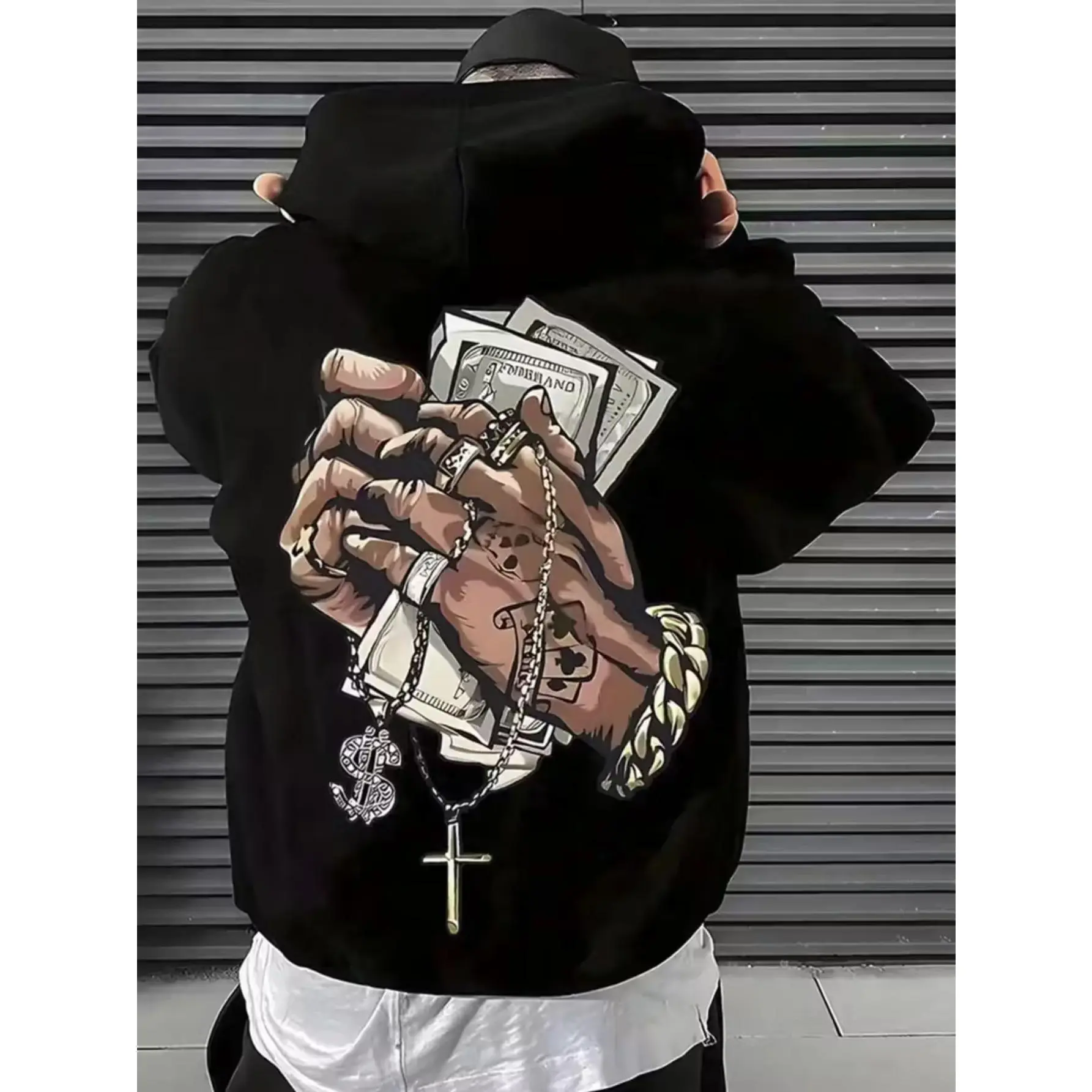 Men's Fleece-lined, Thick Hooded Sweatshirt with A Gothic Dollar Bill Print and Gold Chain Design - An Urban Streetwear Style Pullover Sweatshirt, Machine Washable Knit Fabric, Casual and Warm, Suitable for Understated Luxury in Everyday and Formal Occasi
