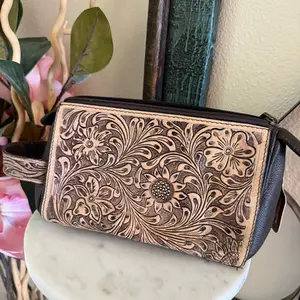Tooled Patterned Leather Travel Toiletry Bag - Durable, Multifunctional Hanging, Zipper Closure, Modern Design