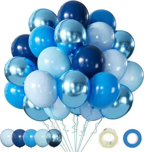 60Pcs 12 Inch Chrome Blue Balloons Kit, Macaron Light Pearl Navy Blue Latex for Birthday Wedding Party