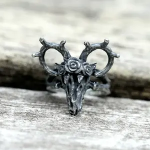 GTHIC Vintage Deer And Rose Stainless Steel Skull Ring for Men Women Fashion Accessory