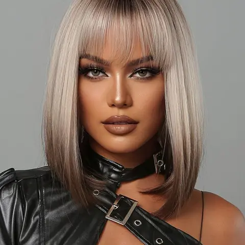 1 Piece Two Tone Ombre Synthetic Short Bob Wig with Bangs, Fashionable Straight Hair Cut