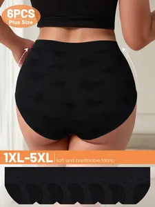 Women's Plus Size Butterfly Shaped Panties, Soft Skin-Friendly Triangle Underwear, Comfortable Low Waist Design, Elegant, Everyday, Pack of 6