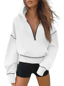 Aswulk Women's 2025 Fall Hooded Sweatshirts Long Sleeve Half Zip Cropped Hoodies Pullover Winter Fashion Fleece-lined Hoodie Top