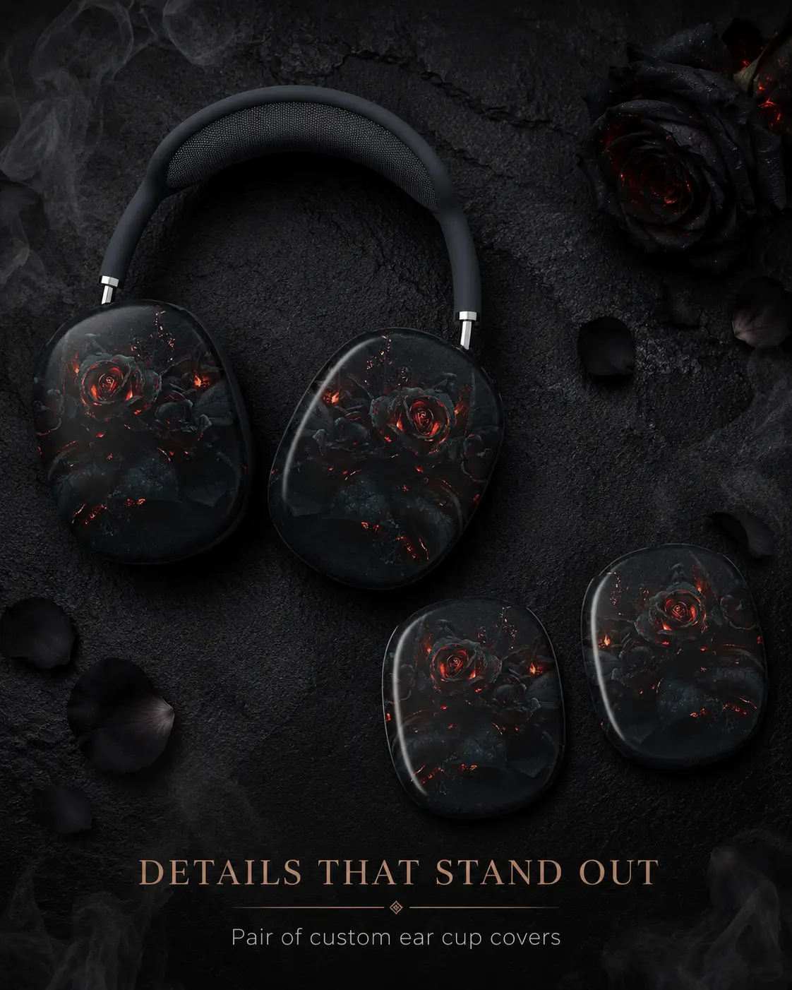 Midnight Black Floral Rose Headphone Protective Covers for AirPods Max - Gothic Glossy Print Snap-On Shells with Glowing Red Accents, Easy-Remove, Full Button & Control Access, Everyday Wear Compatible