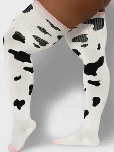 Thunda Thighs - Tubbies - Cow Print Collection Plus Size Thigh High Socks - Women's Lightweight Cotton Blend Stretch