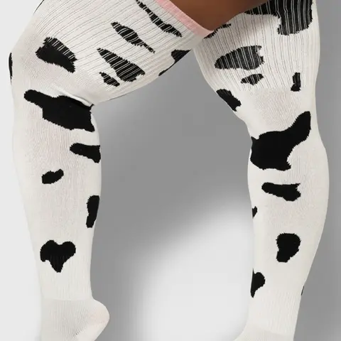Thunda Thighs - Tubbies - Cow Print Collection Plus Size Thigh High Socks - Women's Lightweight Cotton Blend Stretch