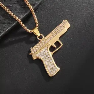 Hip Hop Shiny Zircon Desert Eagle Pistol Necklace Submachine Gun Pendant for Men Punk Cool Street Party Jewelry Gift