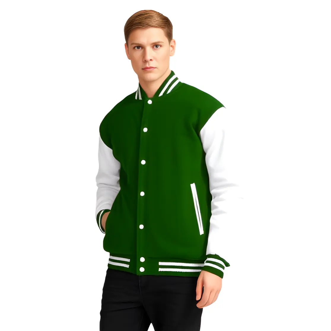 Men’s Varsity Jacket Genuine Leather Sleeve and Wool Body Green/White