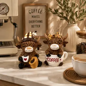 Resin Coffee-Colored Highland Cow Ornament - Compact Charming Desktop Statue, Home Decor, Room Accessories, Decorating My Apartment Decor Accessory, Ideal Gift for Highland Cow Enthusiasts