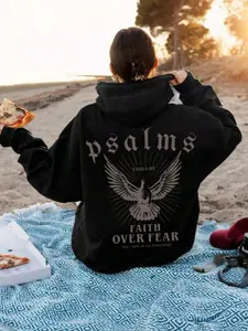 Women's Hooded Drawstring Sweatshirt with Large Pocket, Letter and Peace Dove Print, Casual Loose Fit Baggy Oversized Long Sleeve Top for Fall & Winter