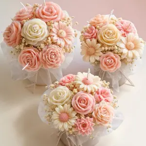 Elegant Floral Candles - Soft Pink & Cream Roses & Daisies in Delicate White Netting for Romantic Decor