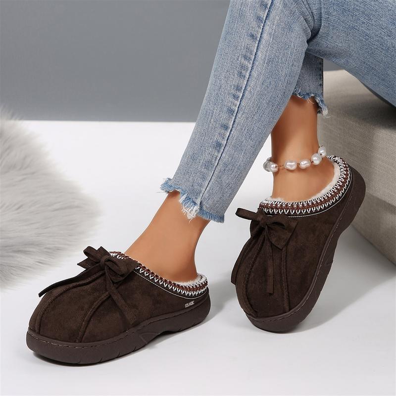 Women's Winter Warm Fuzzy Slippers Bow Accent Slip-On Thick Sole Versatile Indoor Outdoor Shoes