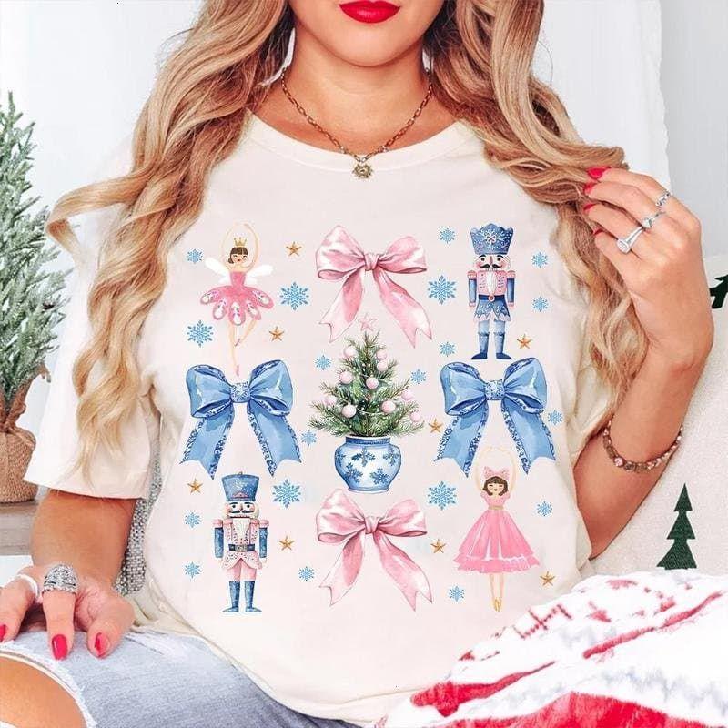 Coquette Nutcracker Christmas T-Shirt - Preppy Pink Christmas Tree Sweatshirt, Holiday Vibes Clothing, Unisex Cotton Crewneck