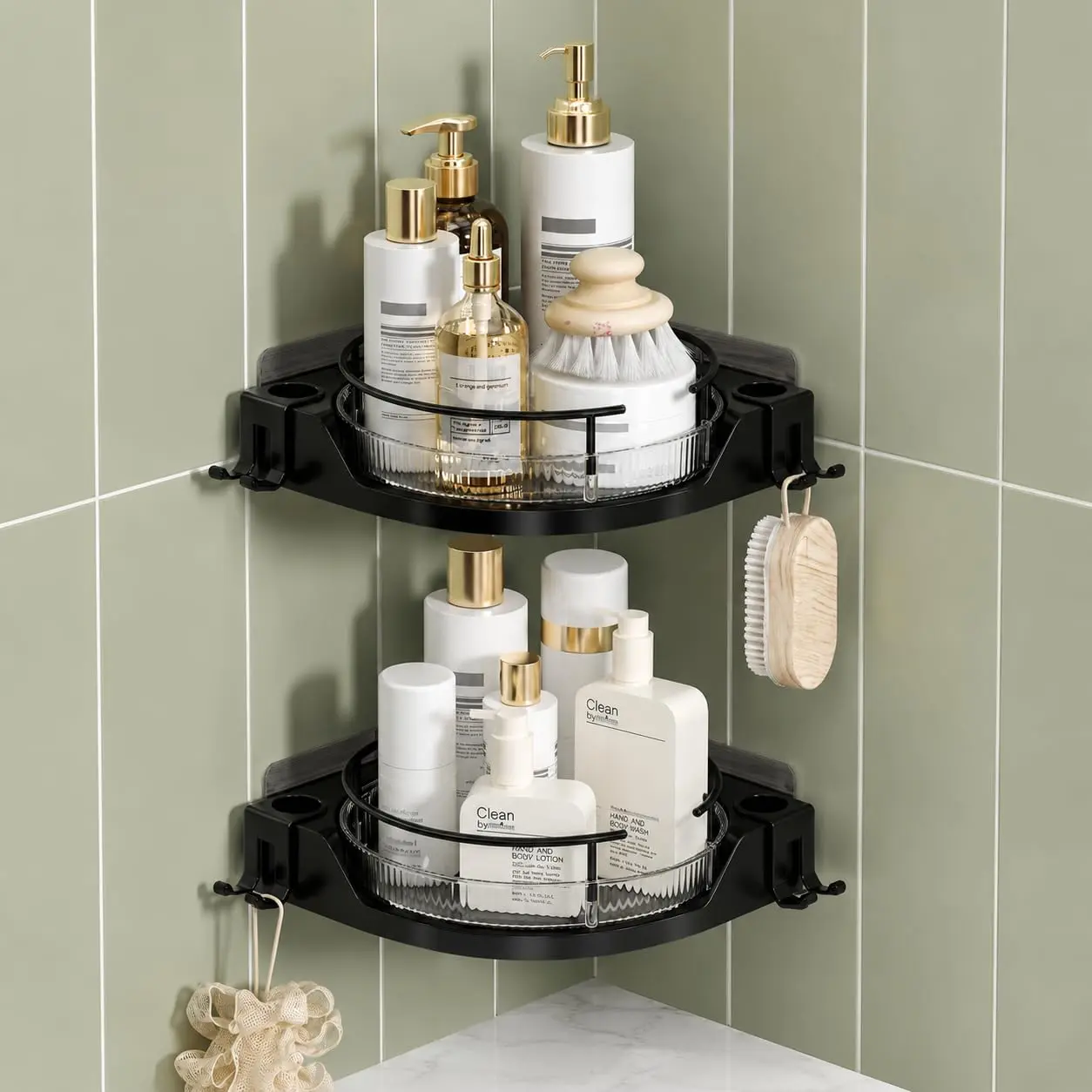 360° Rotating Corner Shower Caddy,No-Drill Adhesive Shower Shelf Organizer with Hooks,Lazy Susan Bathroom Storage for Bathtub,Shower Corner & Kitchen Sink,Space Saving Bathroom Organizer