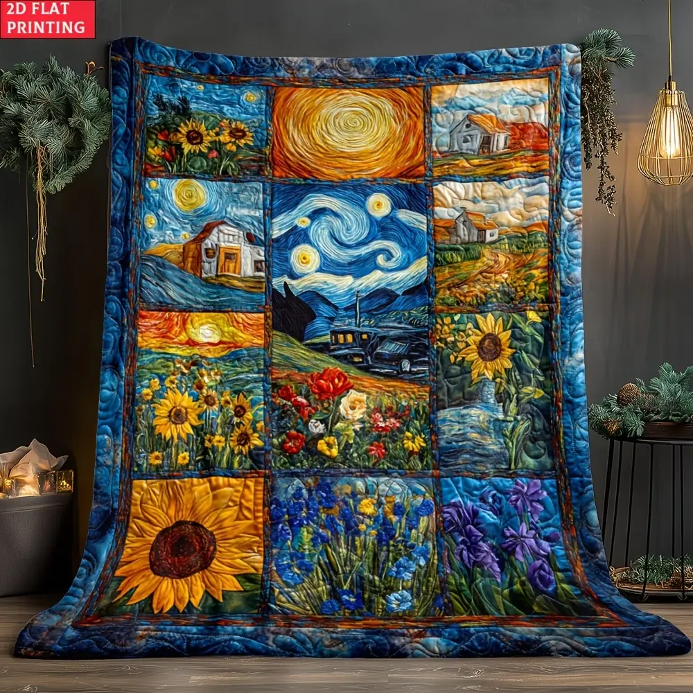 Van Gogh Starry Night Sunflower Iri Art Flannel Blanket Soft Plush Warm Throw Blanket, Famous Oil Painting Grid Collage Floral Country Landscape Decor Couch Bedroom Nap Blanket, Giftable Art Lover Classic Impressionist Painting Comfort Blanket