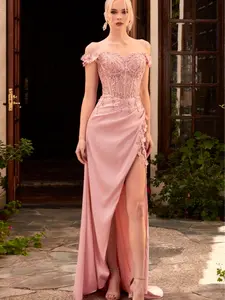 Cd0186 Off-Shoulder Pink Evening Dress with High Slit Embellished Bodice for Formal Events Elegant Lace Details